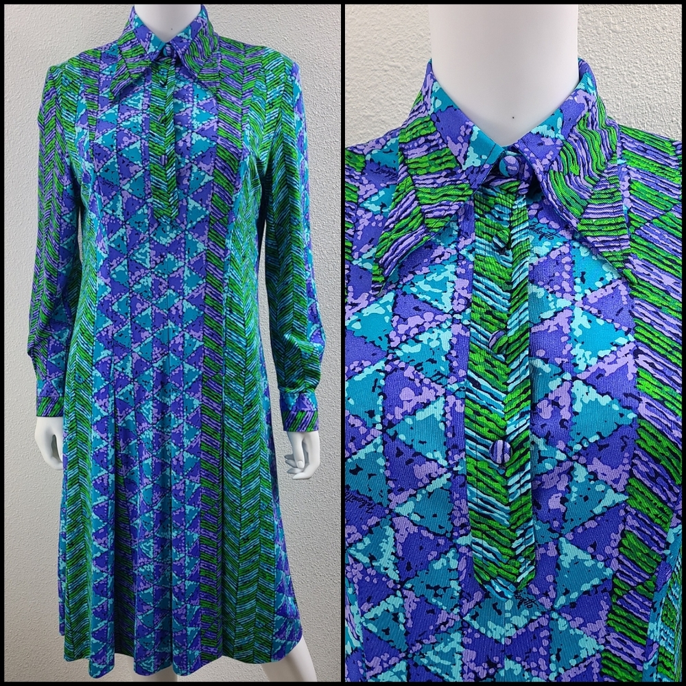 Vintage 1970's blue, green and purple abstract print dress by Falconetto…